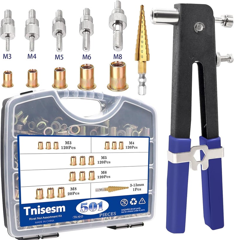 Tnisesm 501Pcs Rivet Nut Tool Kit, Rivnut Tool Kits,Professional Nutsert Tool Kit with Rivet Nuts Assortment Kit(M8/M6/M5/M4/M3) Rivet Nut Tool Suitable for Automotive,Industrial Applications - Image 1